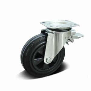 G1 Series Rubber/Elastic Rubber Garbage Bin Castor with PP/Metal Core – Top Plate Swivel with Brake, 100-200mm