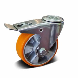 Elastic Rubber and PU with Cast Iron and Aluminum Core Bolt Hole Swivel with Steel Brake Industrial Castor, 80-250mm, 100-300kg