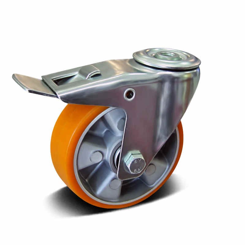 Elastic Rubber and PU with Cast Iron and Aluminum Core Bolt Hole Swivel with Steel Brake Industrial Castor, 80-250mm, 100-300kg