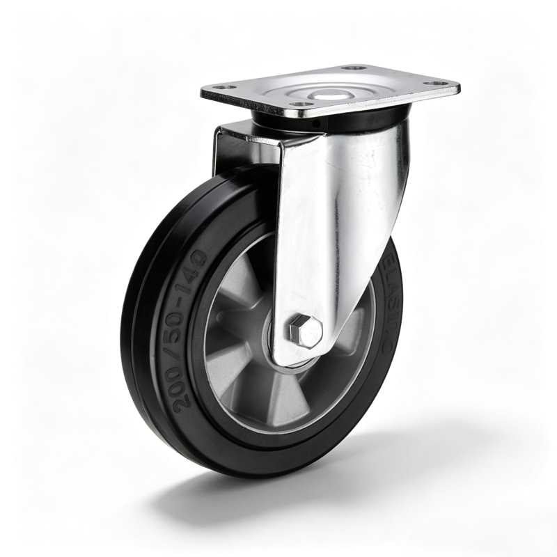 H02 6×4, Elastic Rubber+Aluminium/PA Heavy Duty Castor – Top Plate – Swivel