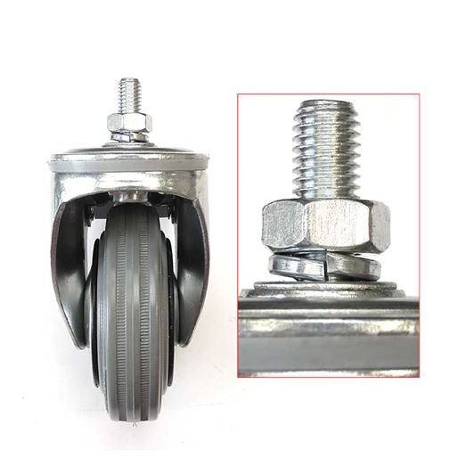 Techin Castor poster showing a grey rubber swivel castor and screw and nut detail